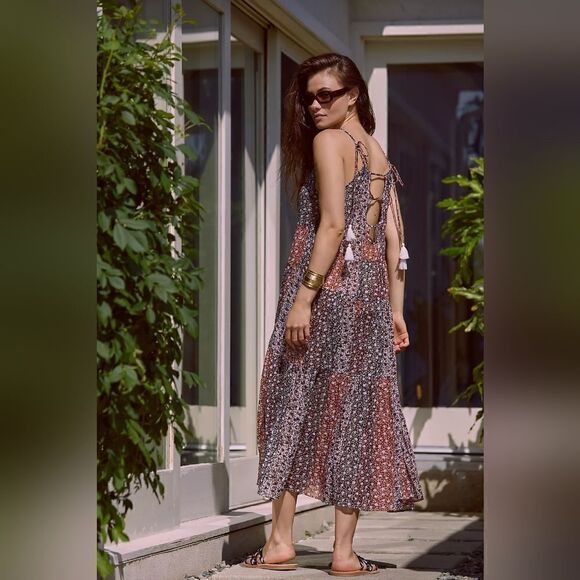 Anthropologie Shirred A-Line Tiered Dress In Wine Size Small NWT - Picture 3 of 11